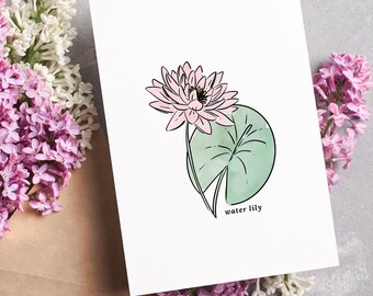 Water Lily Illustration | Unframed Art Print Watercolor Sketched Drawing Floral Accent Wall Decor