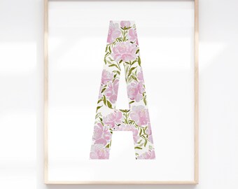Pink Peony Initial Art Print | Floral Monogram Letter Wall Decor
