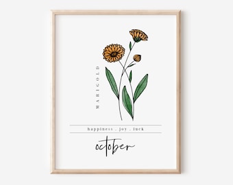 October Marigold Birth Flower Digital Art Printable | Floral Inspired Oct Birthday Gift