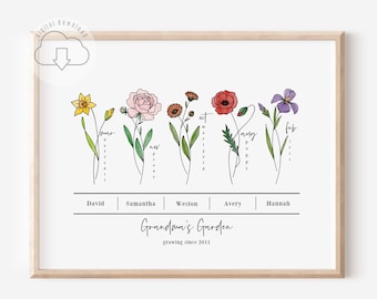 Up To 6 Personalized Birth Flower Printable | Custom Gift for Mom Grandma Garden Inspired Gift