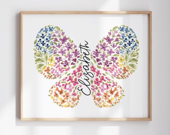 Personalized Name Butterfly Floral Art Print | Hand Painted Watercolor Wildflowers