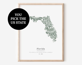 YOU Pick 1 US States USA Map Patterned State Print | Dark Green Fern and Foliage