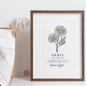 April Daisy Birth Flower Personalized Name Unframed Art Print Custom Gift for Birthdays Birth Flower Vinyl Sticker Add On image 5