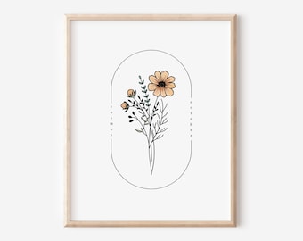 October Birth Flower Cosmos | Watercolor Oval Frame Simple Art Printable