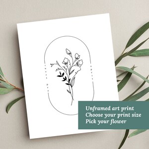 May include: Black and white line art print of a sweet pea flower in a circle with the text "sweet pea" and "april" written vertically on either side of the circle. Unframed art print. Choose your print size. Pick your flower.