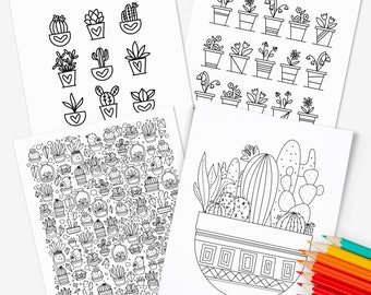 4 Pk Potted Plants Printable Coloring Pages Digital Color Sheets | Hand-Drawn Plant Cactus Succulents Flower Illustrations
