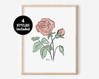 Rose Flower Illustration Printables | 4 Styles Included Watercolor Antique Sketched Floral Decor | Vintage Cottagecore Art