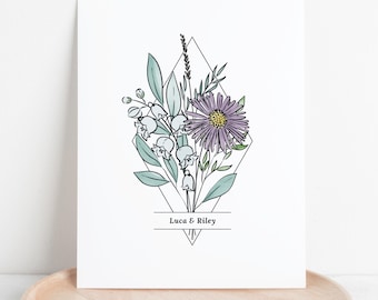 Couples Flower Anniversary Bouquet Printable | Birth Month Art