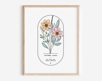 October Birth Flower Cosmos | Arch Oval Frame Simple Art Printable