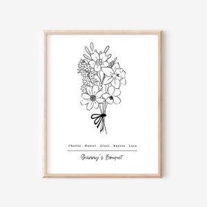 Birth Flower Bouquet Print | Up to 6 Flowers + Names | Personalized Black & White Sketch Line Art Birth Flower Sign
