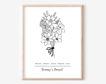 Birth Flower Bouquet Print | Up to 6 Flowers + Names | Personalized Black & White Sketch Line Art Birth Flower Sign