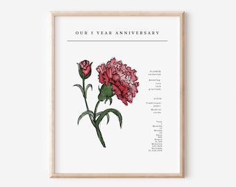 1 Year Anniversary Carnation Flower Art Printable | First Year Paper Gift | Floral Inspired Wedding Anniversary Gift