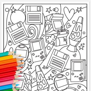 90's Nostalgia Coloring Page Digital Printable | Arcade Game Disk Player 90's Kid