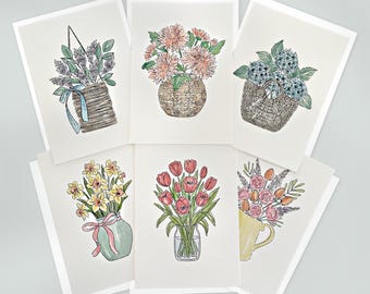 6 Watercolor Floral Bouquet Cards + Envelopes | 5X7" Flat Note Cards Small Art Prints