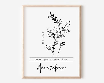 December Birth Flower Holly | Black & White Nature Themed Art Printable | Garden Inspired Gift