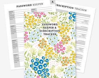 Password Keeper + Subscription Tracker Printable Book | Floral Cover 50 PDF Pages | Wifi Network Digital Printable Notebook