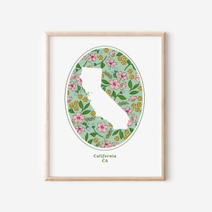 Kalifornien Zustand Blumenmuster druckbar | Salbeigrün & Rosa Blüten | Geburtstags-Hochzeits-Andenken-Geschenk