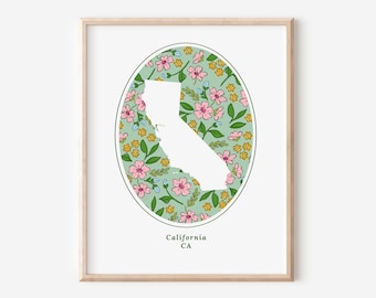 California State Floral Pattern Printable | Sage Green & Pink Blooms | Birthday Wedding Souvenir Gift