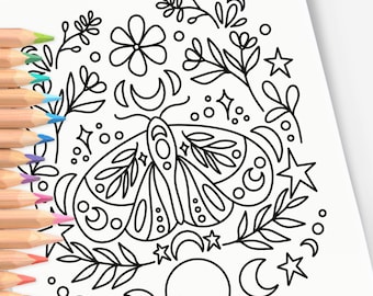 Magical Moon Moth | Floral Hand-Drawn Coloring Page Print & Color | Coloring Sheet for Adults Teens