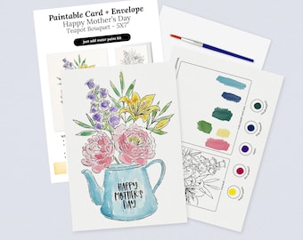 Paintable Mother's Day Card + Envelope | 5X7" Pre-Sketched Peonies Lily Teapot Bouquet | Just Add Water Art Kit