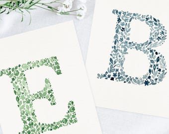 Hand Painted Monochromatic Wildflower Letters Original Painting | Monogram Floral Name | Unframed Watercolor Wall Art