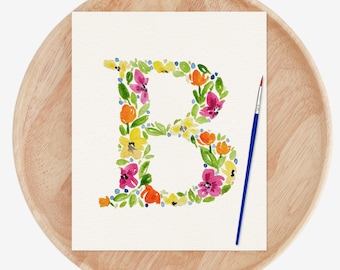 Hand Painted Floral Letter | Watercolor Blooms Monogram Original Painting | Custom Botanical Initial Wall Art