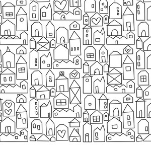 Peut inclure: Un motif r&eacute;p&eacute;titif en noir et blanc compos&eacute; d'illustrations dessin&eacute;es &agrave; la main repr&eacute;sentant diverses formes de maisons, incluant des immeubles hauts, de petites chaumi&egrave;res et des structures orn&eacute;es de c&oelig;urs, fen&ecirc;tres et portes simples.