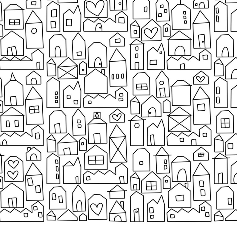 Peut inclure: Un motif r&eacute;p&eacute;titif en noir et blanc compos&eacute; d'illustrations dessin&eacute;es &agrave; la main repr&eacute;sentant diverses formes de maisons, incluant des immeubles hauts, de petites chaumi&egrave;res et des structures orn&eacute;es de c&oelig;urs, fen&ecirc;tres et portes simples.