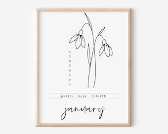 January Birth Flower Snowdrop | Black & White Art Printable | Nature Inspired Birthday Gift