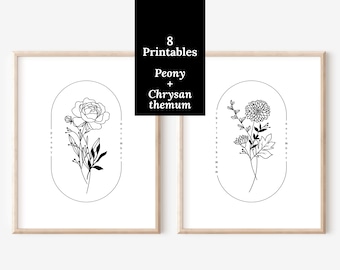8 Pk November Birth Flower 4 Chrysanthemum & 4 Peony | Oval Frame Simple Line Art Watercolor Floral Inspired Wall Decor Printable