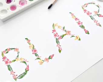 Personalized Tropical Floral Name Art Print | Custom Watercolor Unframed Wall Art 8X14"