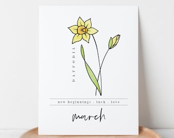 March Daffodil Birth Flower Printables | Watercolor + Black & White | March Birthday Gift | Floral Line Art Mother's Day