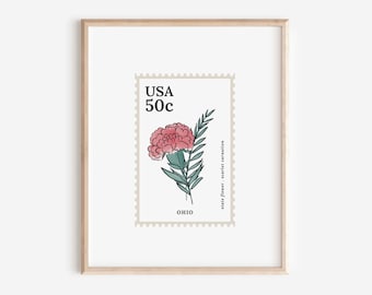 Ohio US State Flower Stamp | Scarlet Carnation Watercolor Floral Art Printable