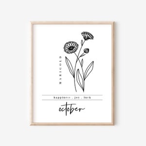 October Birth Flower Marigold | Black & White Art Printable