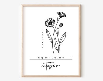 October Birth Flower Marigold Printable | Black & White Floral Art | Birthday Anniversary Gift