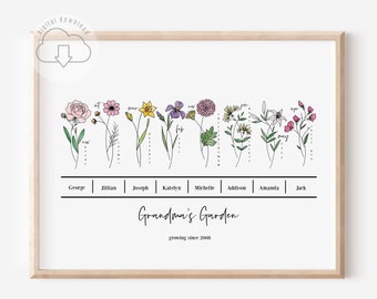 8 Names Personalized Birth Flower Bunch Art Printable | Digital Download