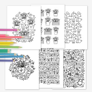 6er PK Ausmalseiten zum Ausdrucken | Hand illustriert Frühling Themed Blume Blüte Garten Thema