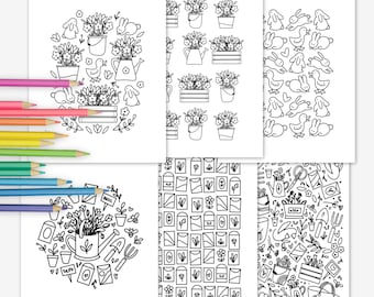 6 Pk Springtime Printable Coloring Pages | Hand Illustrated Spring Themed Flower Blooms Garden Theme