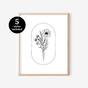 October Birth Flower Cosmos 5 Styles | Oval Frame Simple Line Art Printable | Best Birthday Gift