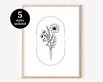 October Birth Flower Cosmos 5 Styles | Oval Frame Simple Line Art Printable | Best Birthday Gift