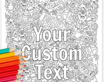 Personalized Text Space & Science | Hand-Drawn Coloring Page Printable | Custom School Activity Birthday Party Decor