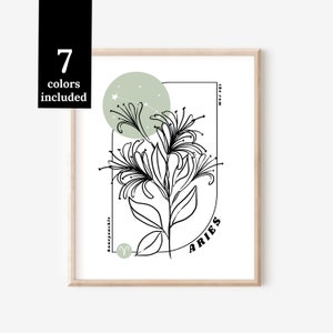 Ariete Caprifoglio Astro Fiore di Nascita Segno Zodiacale Grafico / Arte Stampabile Decorazione Digitale da Parete