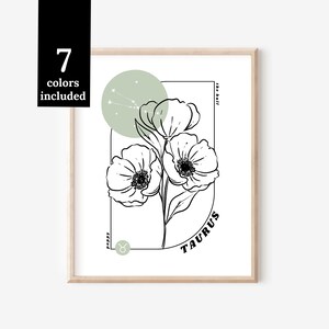 Toro Papavero Astro Fiore di Nascita Segno Zodiacale Grafico / Arte Stampabile Decorazione Digitale da Parete