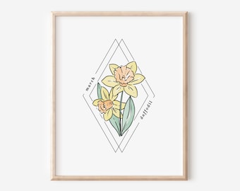 March Daffodil Birth Flower Printable | Watercolor Floral Diamond Frame