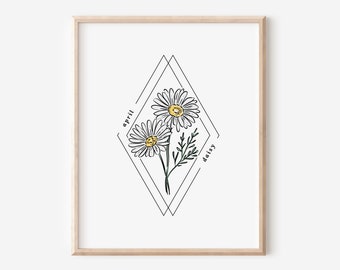April Daisy Birth Flower Printable | Watercolor Floral Diamond Frame | Birthday Gift Nursery Art