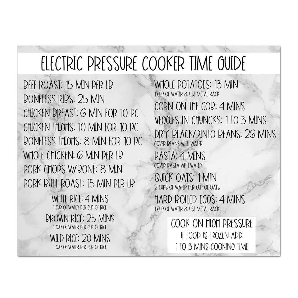 Instant Electric Pressure Cooker Time Chart Quick Etsy