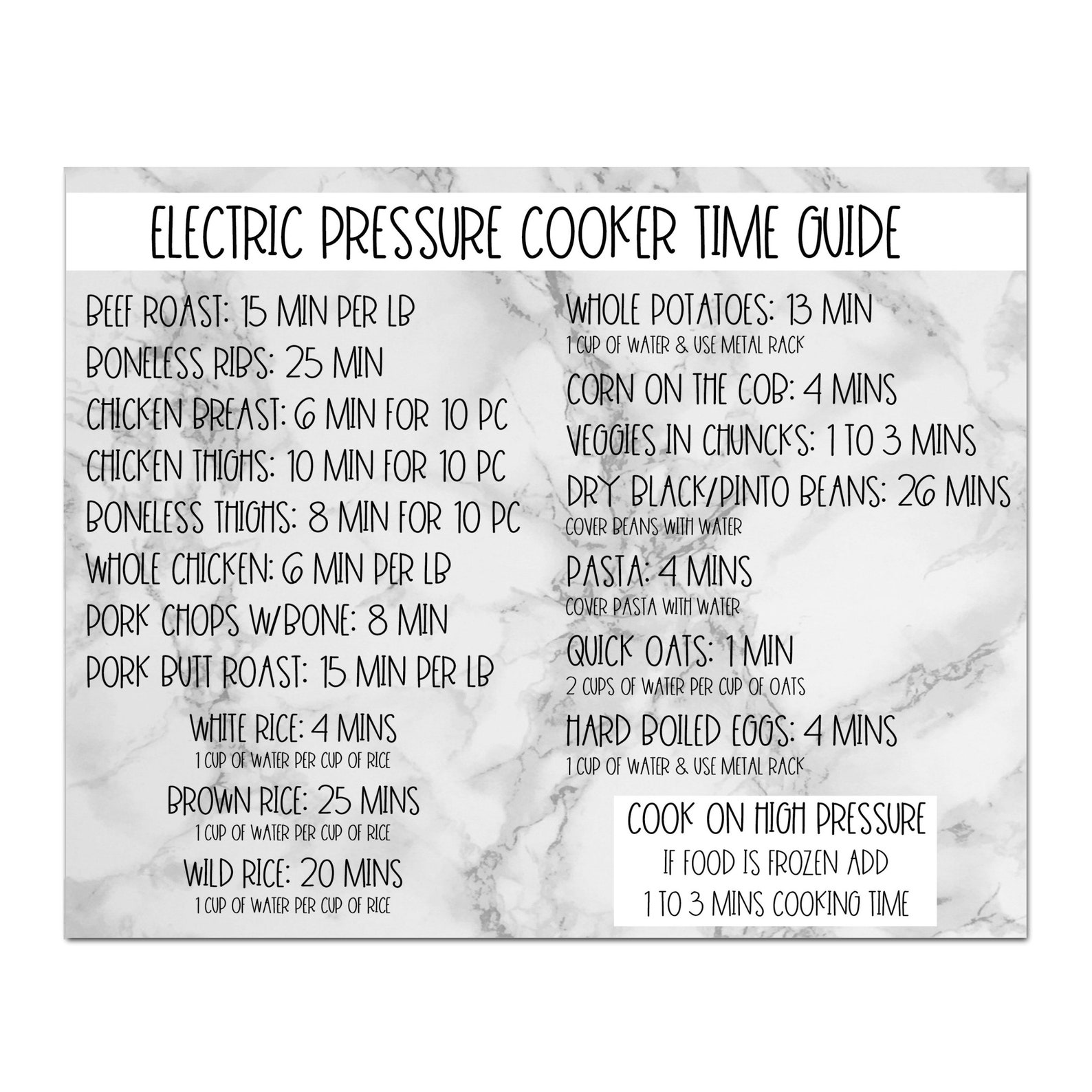 Instant Electric Pressure Cooker Time Chart Quick Etsy