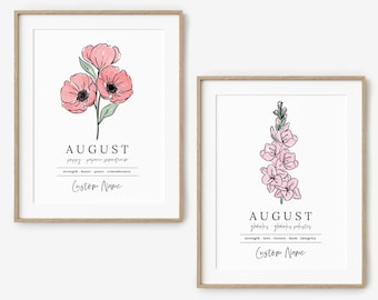 August Birth Flower Personalized Name Unframed Art Print | Poppy Gladiolus Custom Gift for Birthdays
