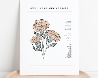 1 Year Anniversary Carnation Flower Art Printable | First Year Paper Gift | Floral Inspired Wedding Anniversary Gift | 3 Versions Included