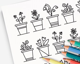 Potted Plants | Hand-Drawn Coloring Page Print & Color | Zen Calm Activity Digital Printable